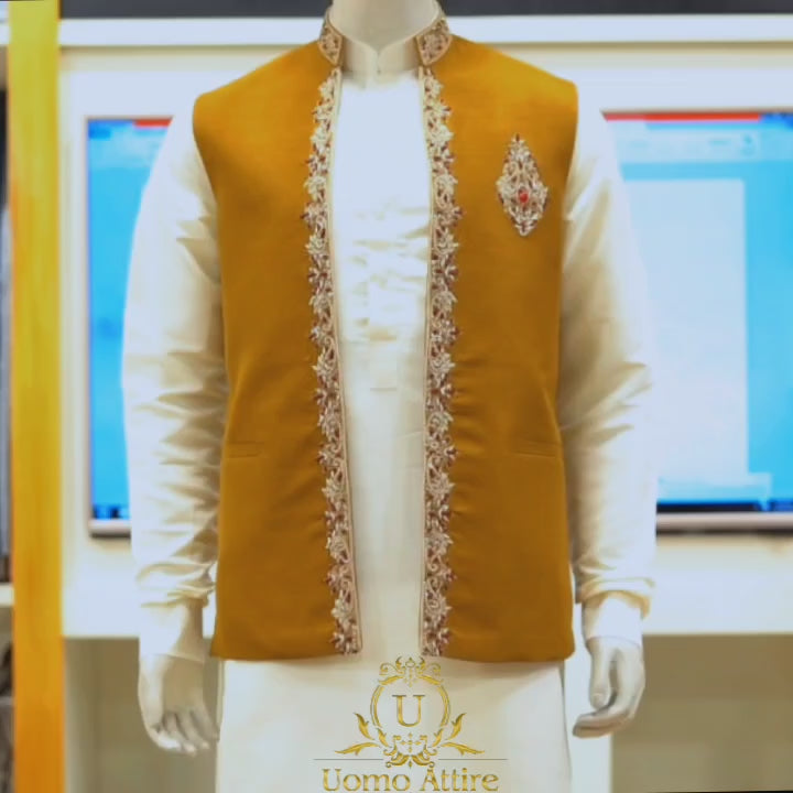 Customize mehndi waistcoat with micro embellishment | Waistcoat with Shalwar Kameez