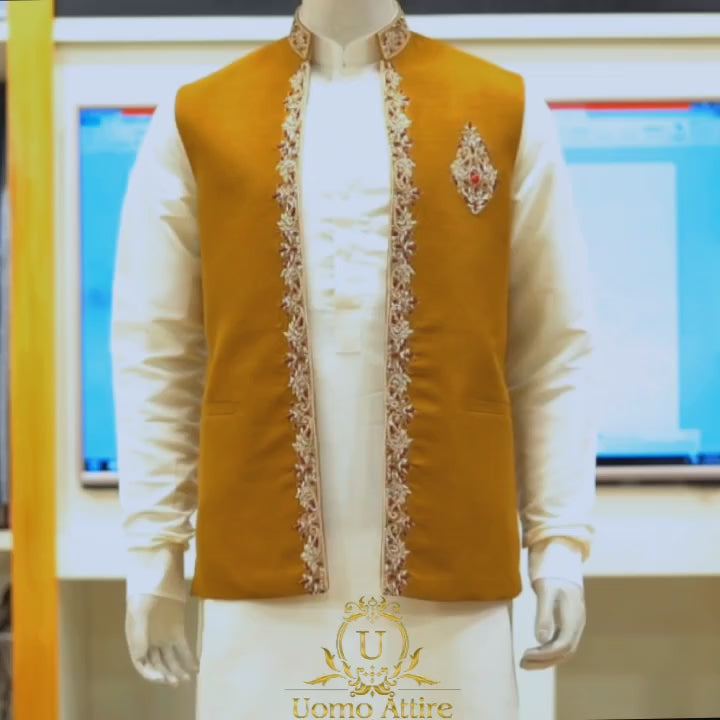 
                  
                    Load and play video in Gallery viewer, Customize mehndi waistcoat with micro embellishment | Waistcoat with Shalwar Kameez
                  
                