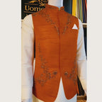 Rust Color Designer Mehndi Waistcoat for Groom
