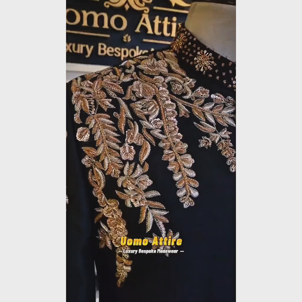 Jet Black Gold Embroidered Prince Coat 2-Piece