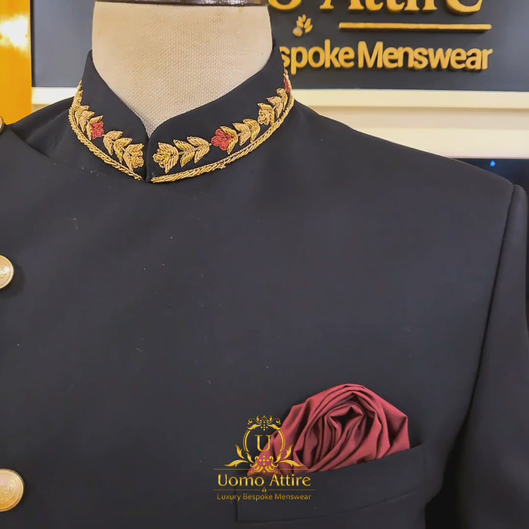 Complete package of embellished black sherwani including turban and khussa | Black Sherwani for Groom