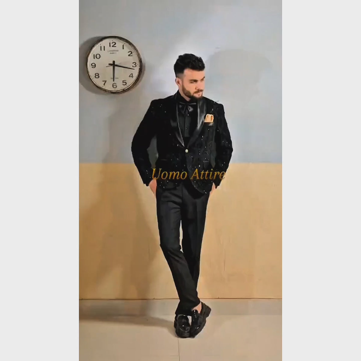 Men's Luxury Hand-Embroidered Black Tuxedo with Floral Paisley Detailing