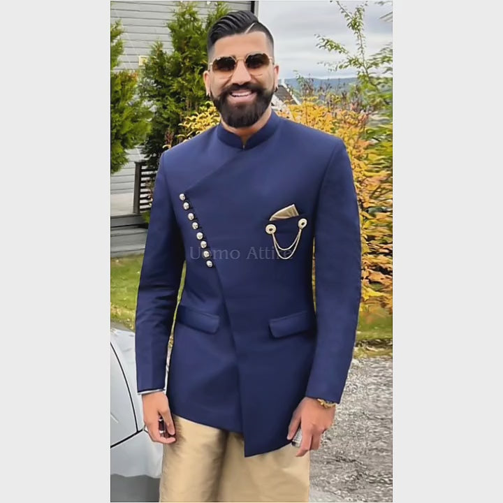 Bespoke Angrakha-Style Navy Blue Prince Coat For Mens With Kurta Pajma
