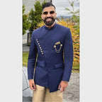 Bespoke Angrakha-Style Navy Blue Prince Coat For Mens With Kurta Pajma