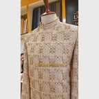 Luxury Golden Sherwani with Full Hand Embellishments and Maroon Kulla for Groom