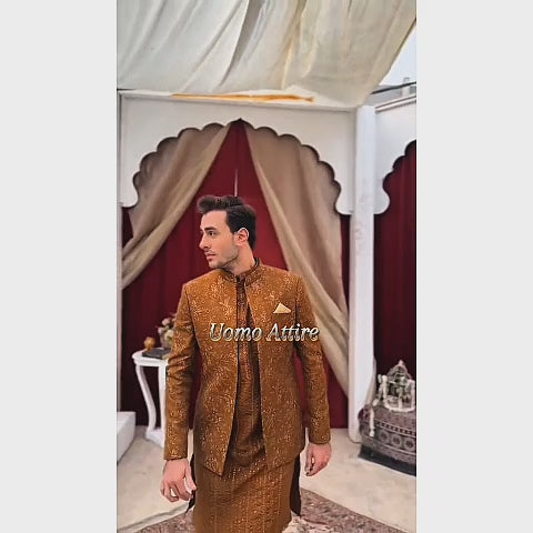 Handcrafted Floral Embroidered Open Front Prince Coat For Groom