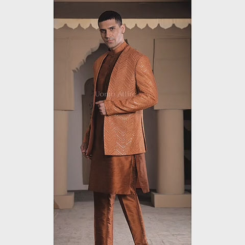 Luxury Rusty Orange Embroidered Prince Coat for Grooms with Kurta and Pajama