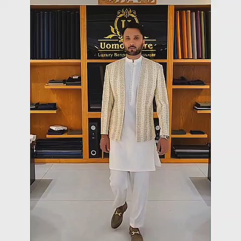 
                  
                    Carica e riproduci video nel visualizzatore Galleria, Men&amp;#39;s Luxury Off-White Embroidered Prince Coat with White Kurta
                  
                