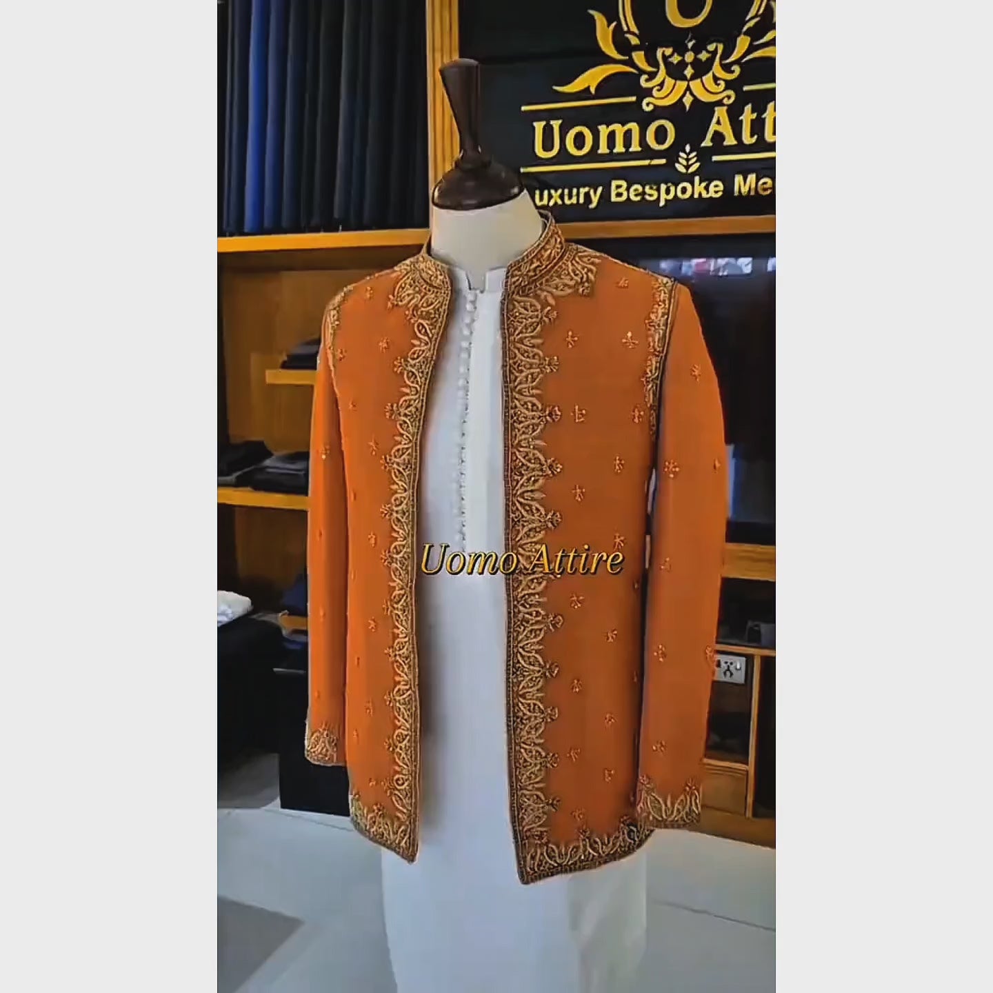 
                  
                    Load and play video in Gallery viewer, Men&amp;#39;s Luxury Orange Embroidered Prince Coat with White Kurta
                  
                