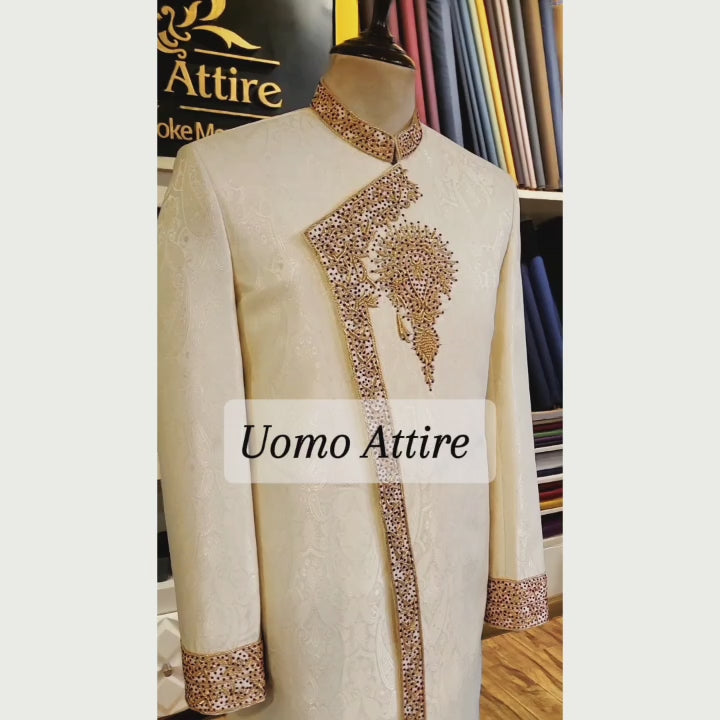 Wedding Off-White Sherwani for Groom With Maroon Turban