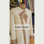 Wedding Off-White Sherwani for Groom With Maroon Turban