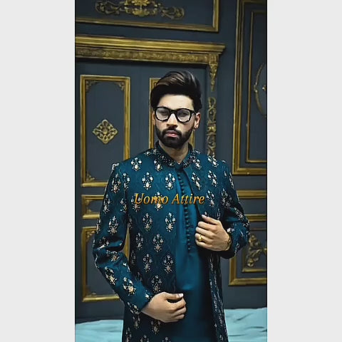 Teal Embroidered Prince Coat for Men – Luxury Eastern Groom Wear
