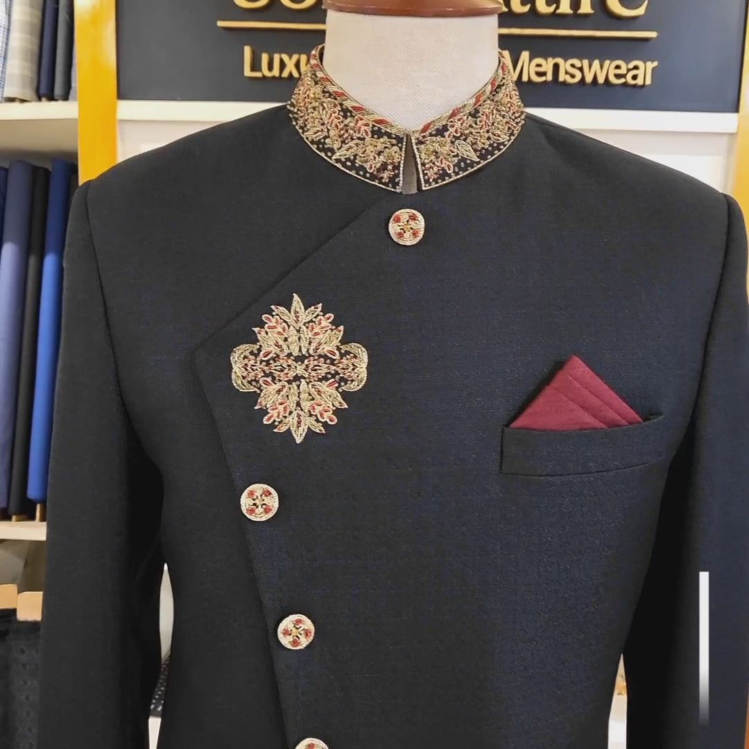 
                  
                    Load and play video in Gallery viewer, Black sherwani angrakha style for men
                  
                