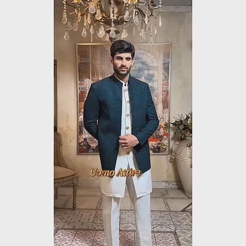 Elegant Deep Green  Open Front Embroidered Prince Coat with White Kurta Pajama Set