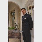 Luxurious Italian Fabric Black Double-Breasted Suit with Golden Brass Buttons
