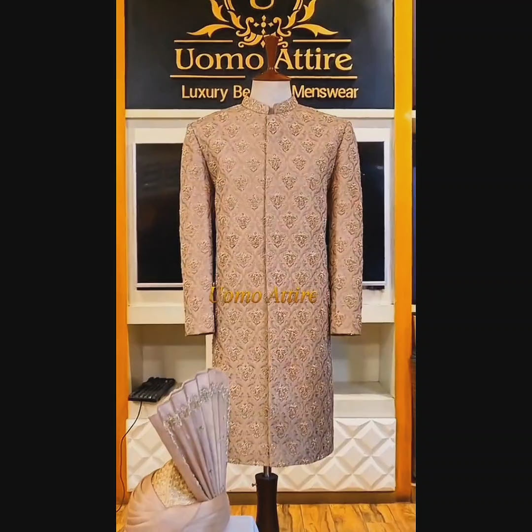 Beige Embroidered Wedding Sherwani With Hand Embellishment for Men