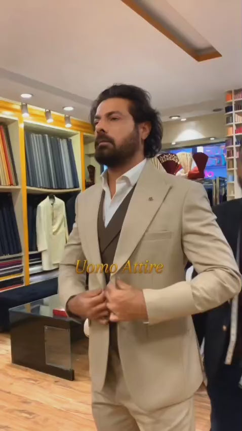 Mr. Sohail Sameer Pakistani Actor wearing Beige 3 Piece Suit for Groom in Guabello Cashmere Wool