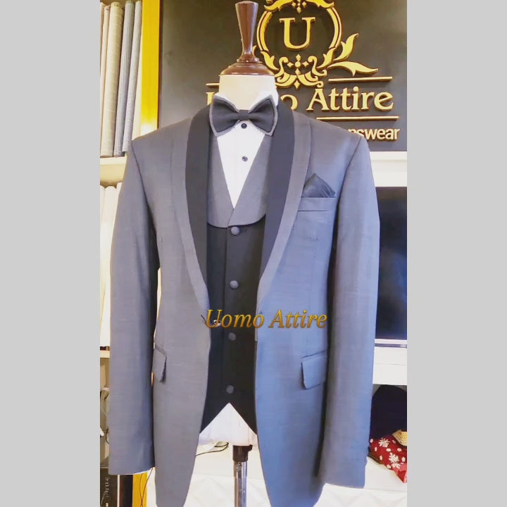 
                  
                    Carica e riproduci video nel visualizzatore Galleria, Luxury Charcoal Grey Tuxedo for Men with Black Shawl Lapel and Contrasted Waistcoat
                  
                