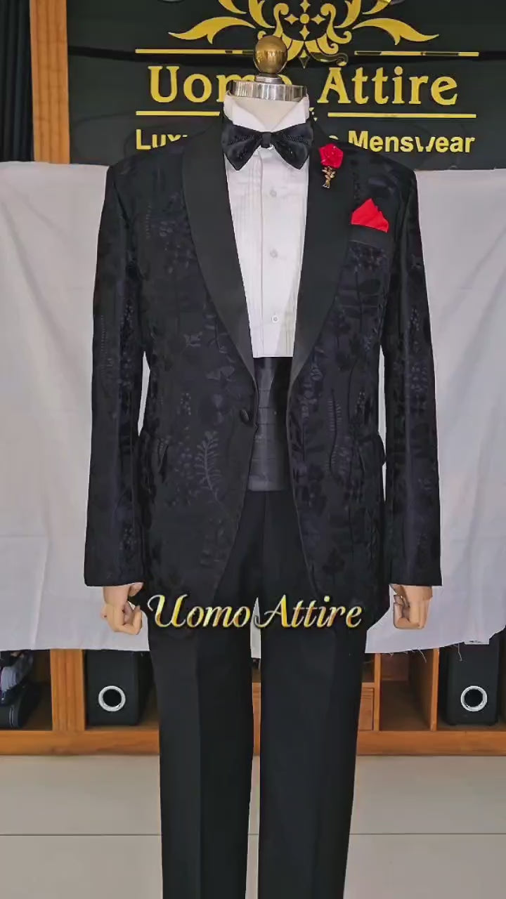 Black Floral Tuxedo for Men in Jamawar Resham Embroidery