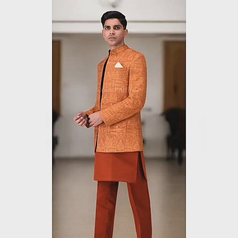 Open-Front Embroidered Rust Orange Prince Coat with Kurta Pajama