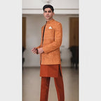 Open-Front Embroidered Rust Orange Prince Coat with Kurta Pajama