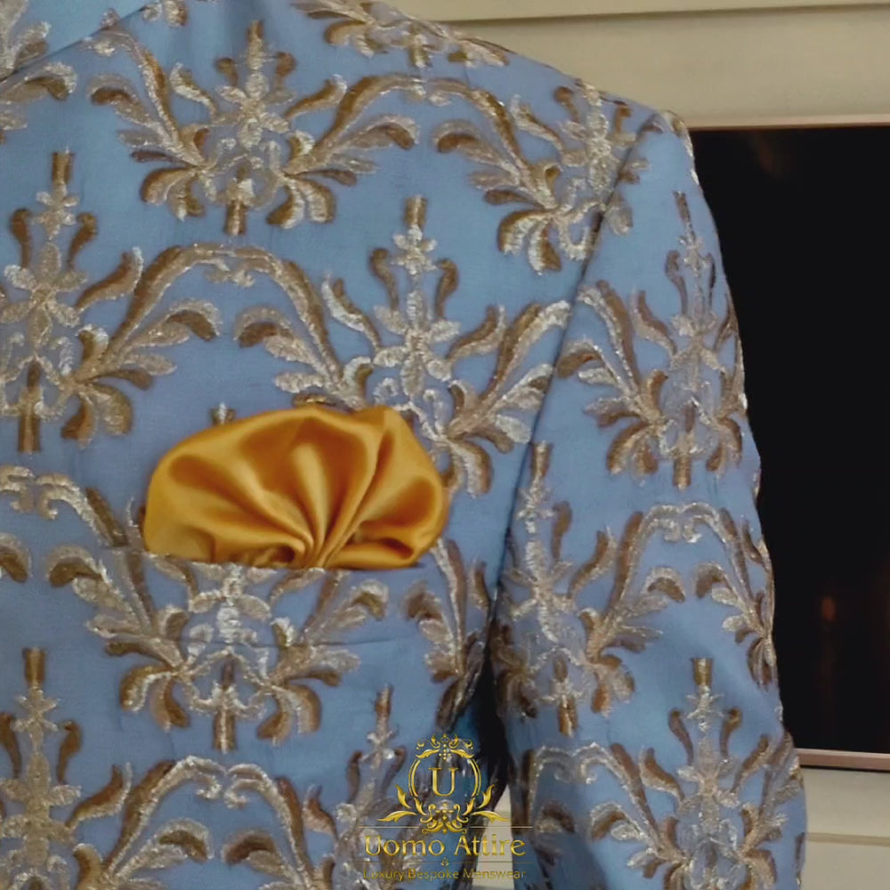 
                  
                    Charger et lire la vidéo dans la visionneuse de la Galerie, Multicolor Embroidered Ice Blue Bespoke Prince Suit | Luxury Prince Suit for Men
                  
                