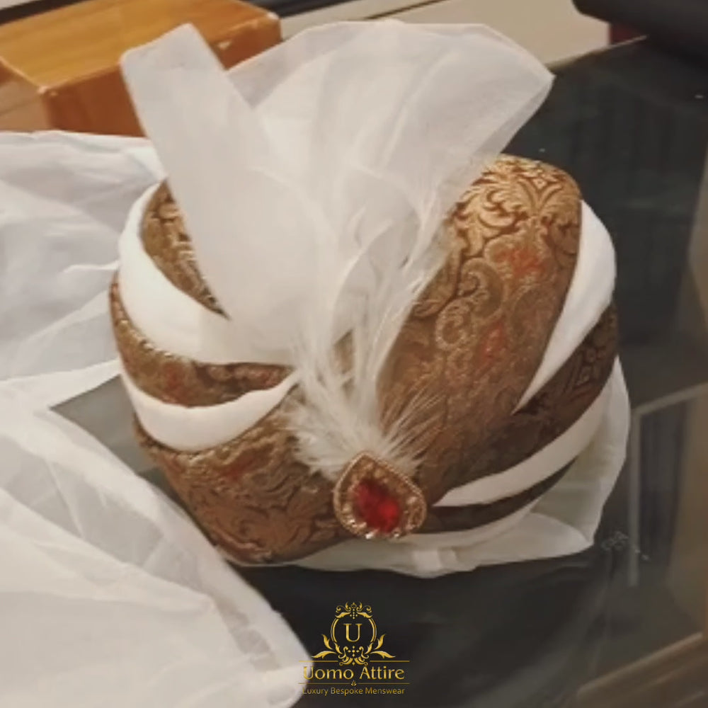 
                  
                    Load and play video in Gallery viewer, White and Antique Gold Constrast Rajasthani Pagdri | Turban for Groom
                  
                