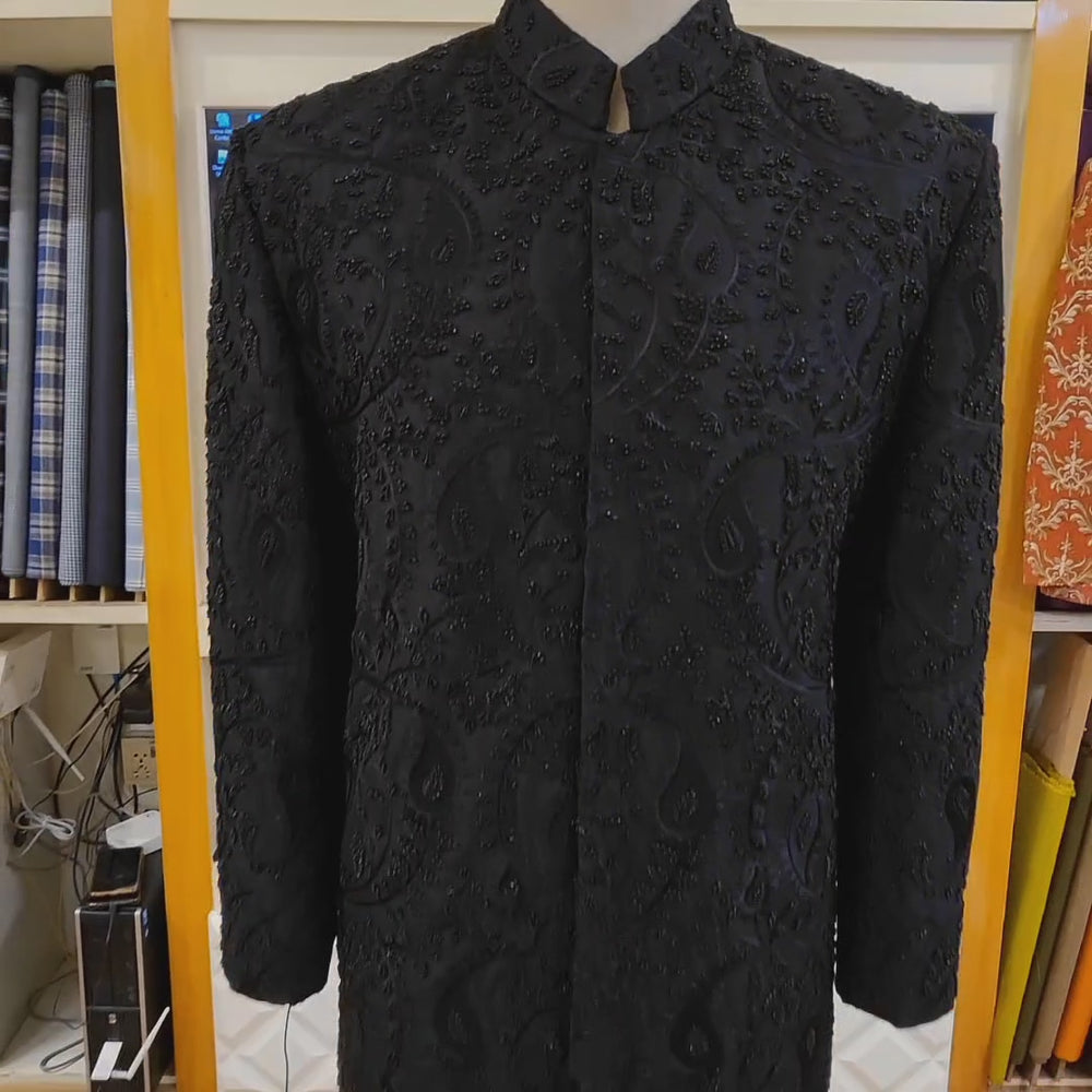 
                  
                    Load and play video in Gallery viewer, black sherwani for wedding fully embellished and embroidered with same fabric khussa | Black Sherwani for Groom
                  
                