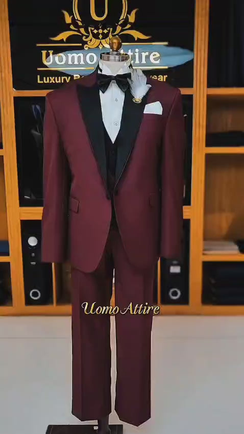 Maroon 3 Piece Tuxedo for Men in Italian Tropical Wool