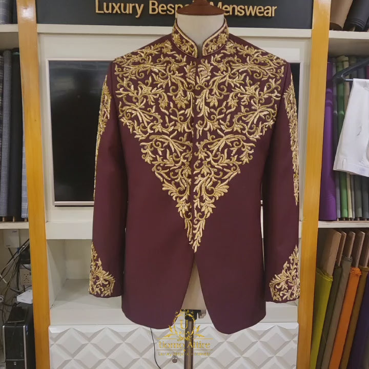 
                  
                    Load and play video in Gallery viewer, Premium quality fabric embellished maroon prince coat
                  
                