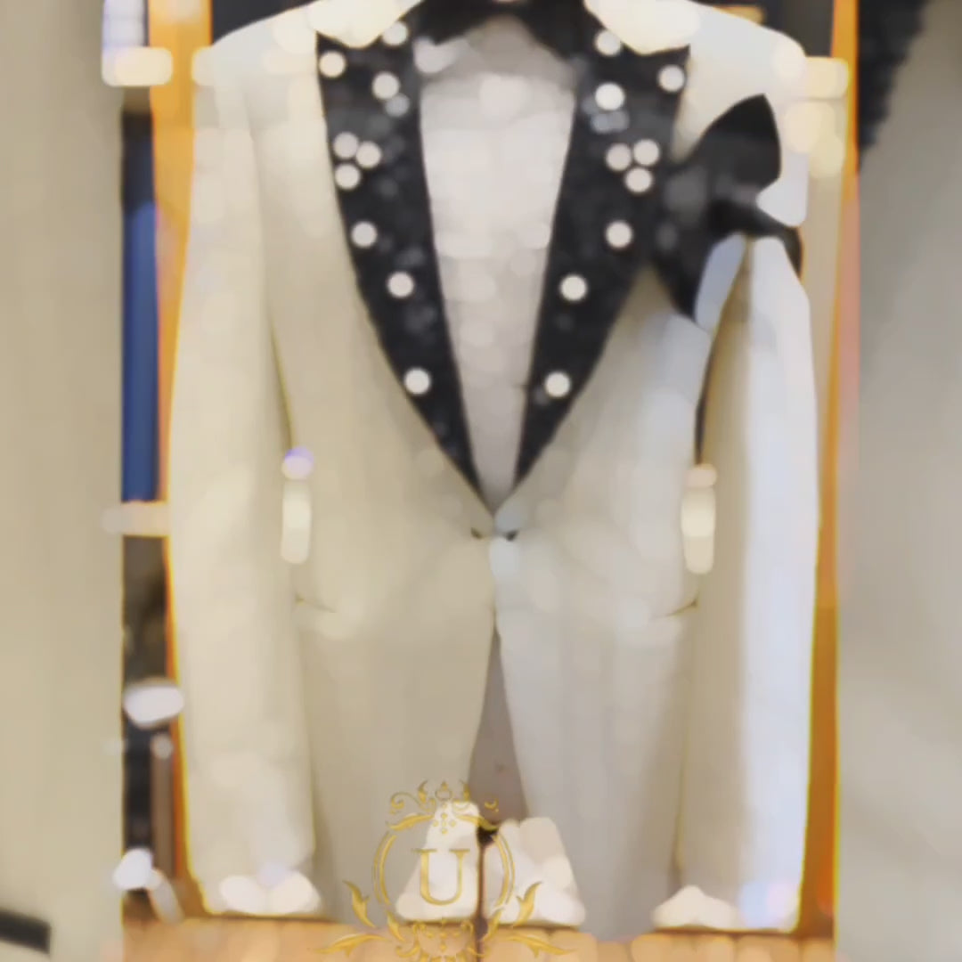 
                  
                    Load and play video in Gallery viewer, Custom tailored tuxedo 2 piece suit with embellished lapel | White Tuxedo Suit
                  
                