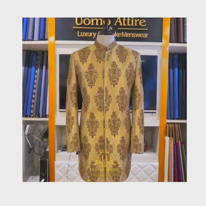 Luxurious Golden Brocade Sherwani with Maroon Velvet Turban