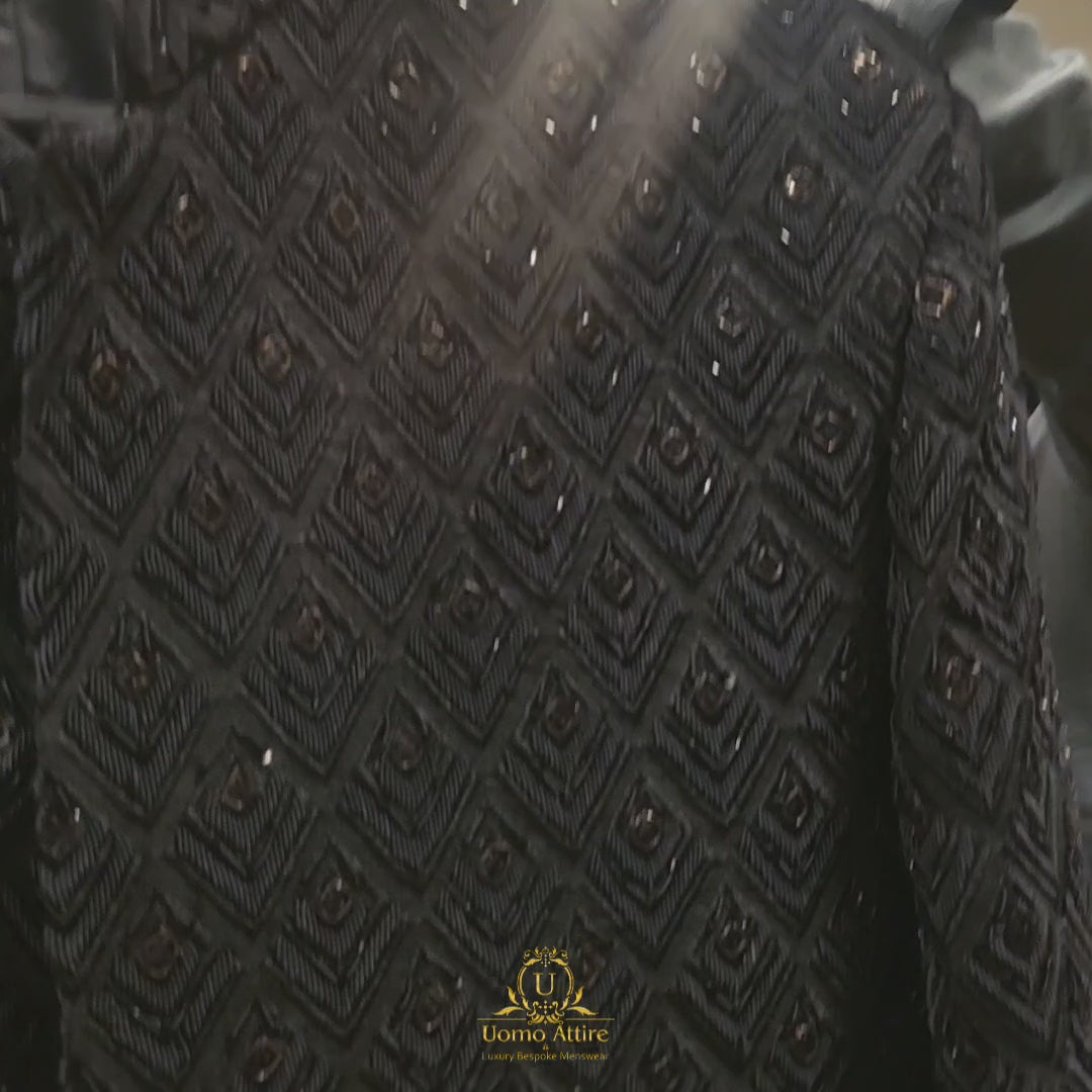 Black sherwani with embellishment and same fabric shoes