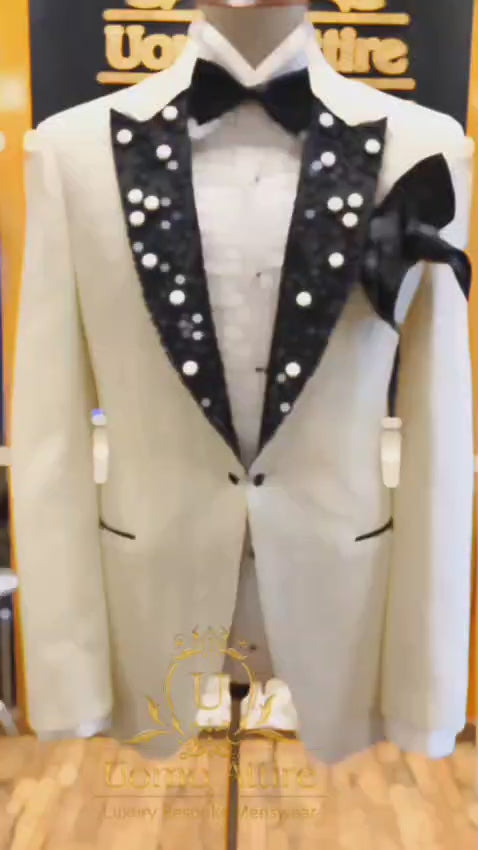 Off-White Groom Tuxedo with Black Designer Peak Lapel