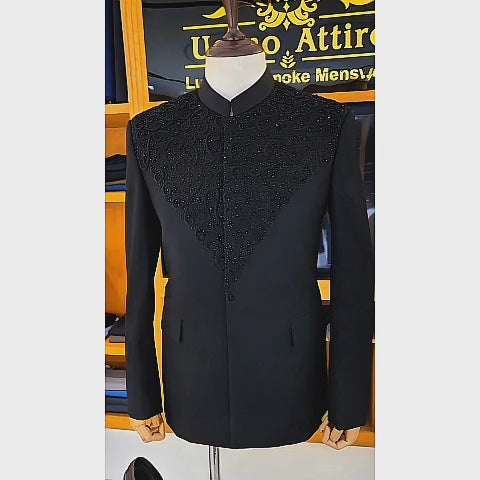 Men's Luxury Black Embroidered Prince Coat 2-Piece Suit for wedding