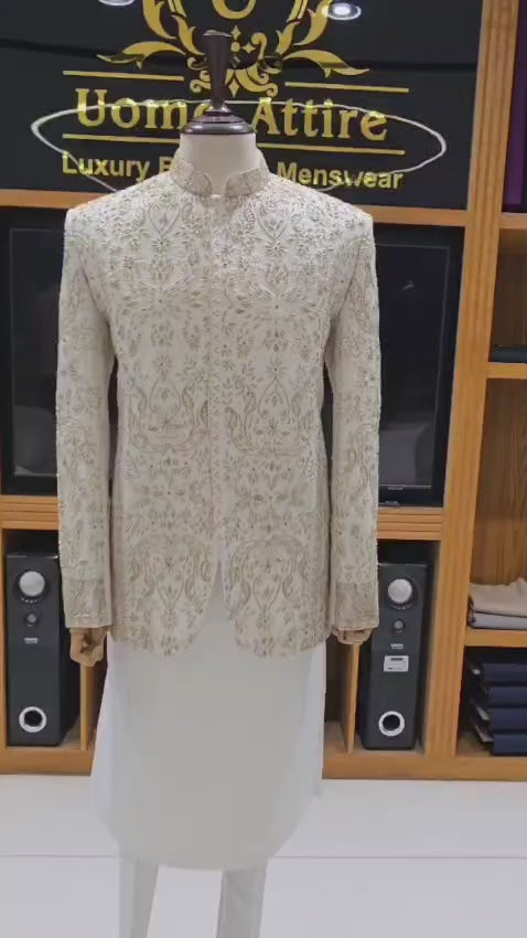 LUXURY PURE WHITE RAW SILK PRINCE COAT WITH HAND EMBELLISHED EMBROIDERY | ELEGANT MEN'S ETHNIC FORMAL WEAR