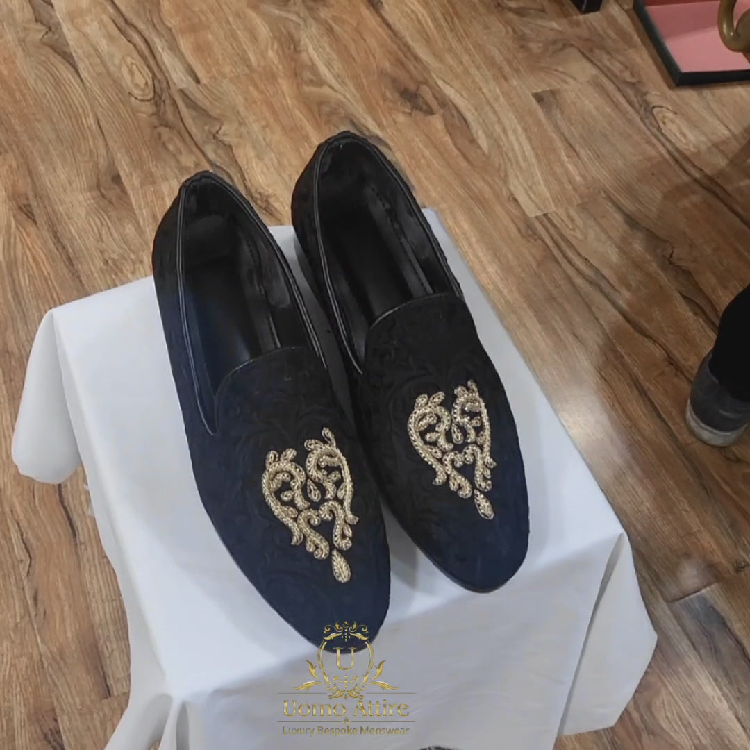 
                  
                    Load and play video in Gallery viewer, Embroidered fabric black shoes with hand embellishment | Fabric Shoes for Groom
                  
                