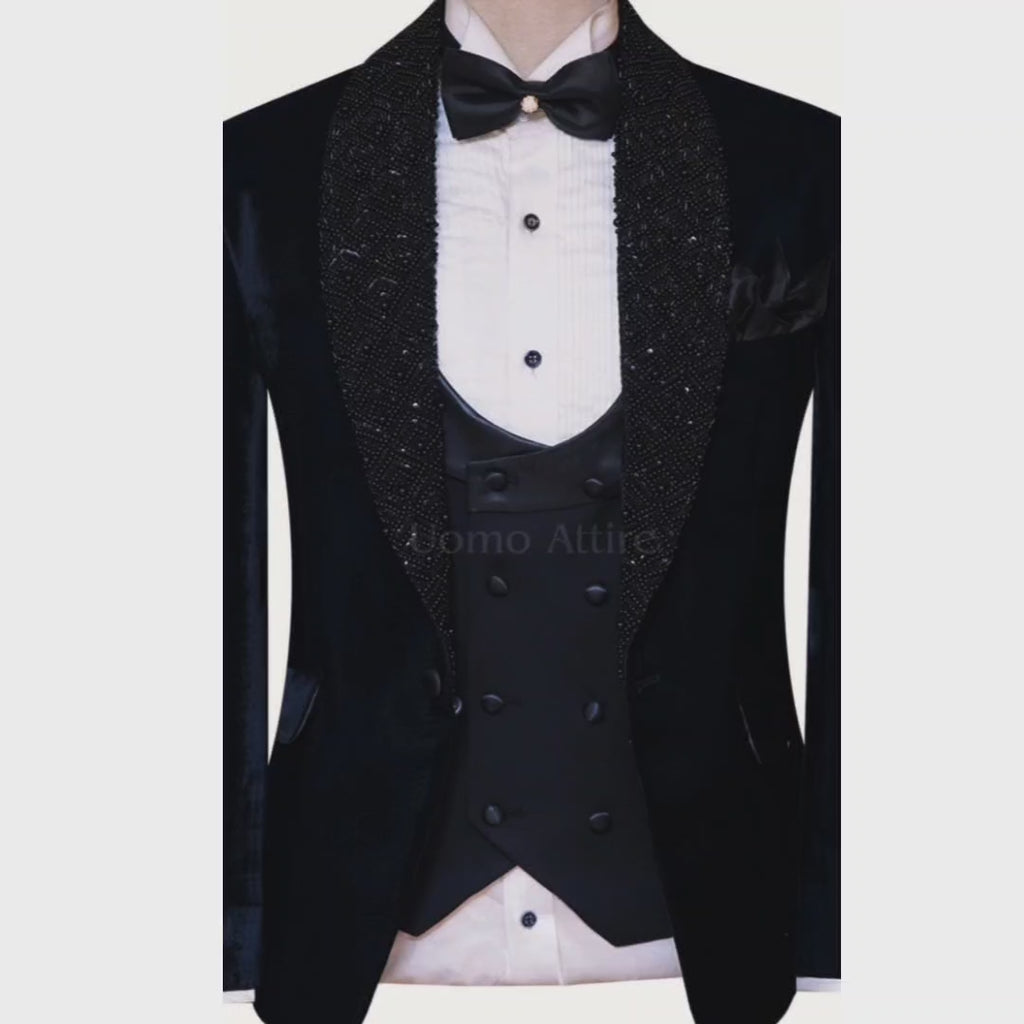 Designer groom and party wear black velvet tuxedo suit