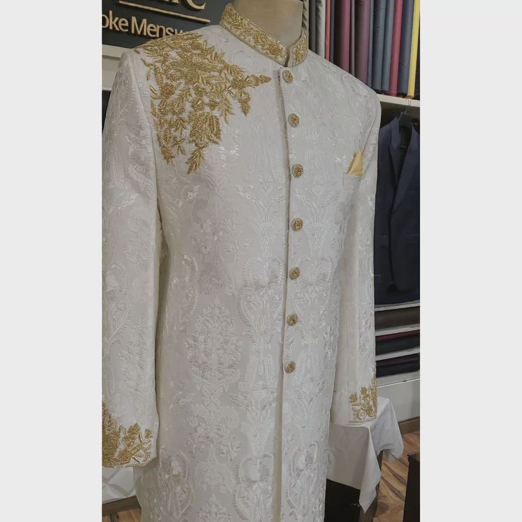 Luxurious White Organza Embroidered Sherwani for Men - Buy White Sherwani Online in USA