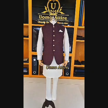 Deep Plum Embroidered Waistcoat with Gold Buttons