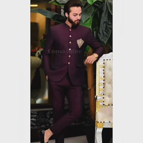 Luxury Deep Maroon Prince Two-Piece Suit for Men with Embellished Patch Pocket
