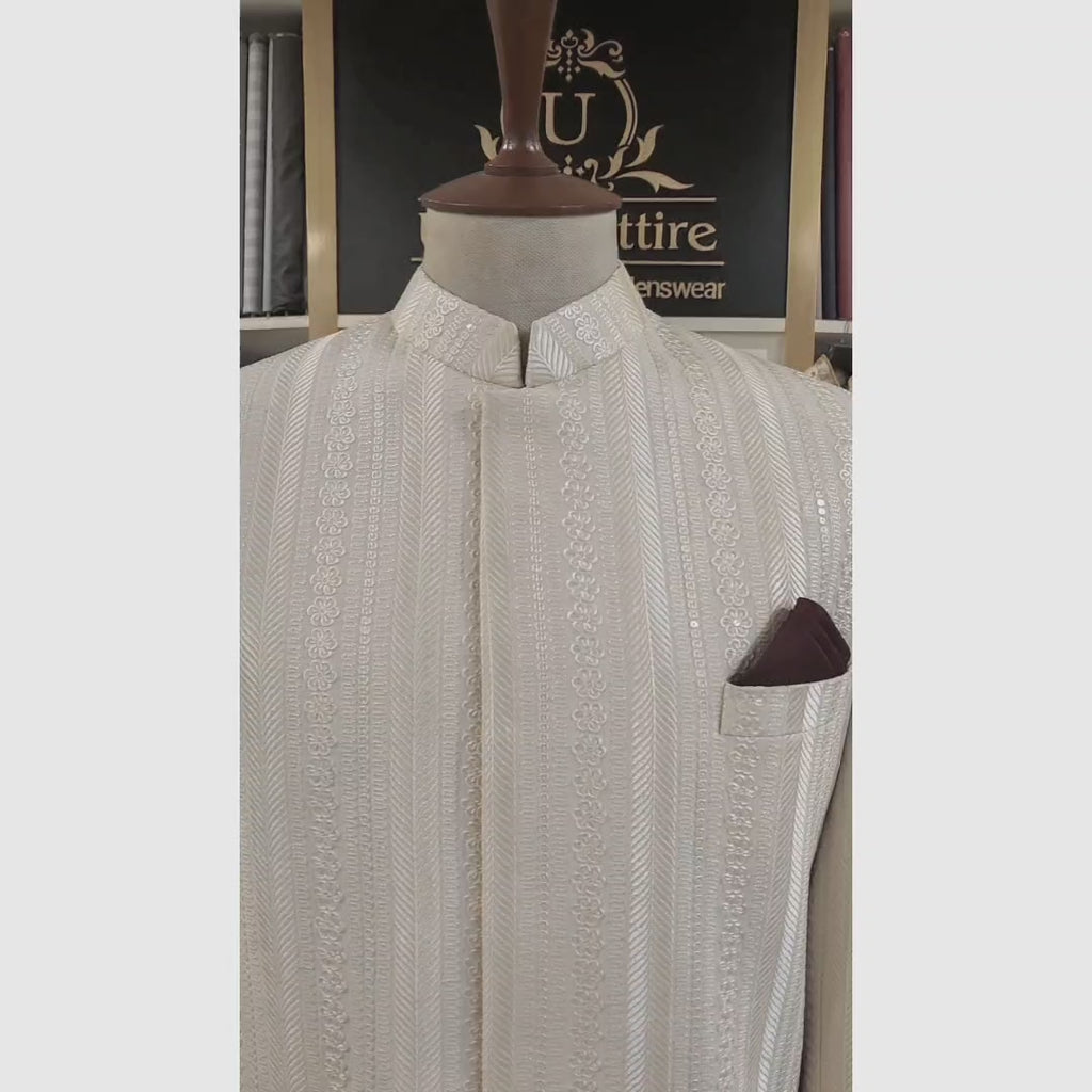 Embroidered Off White Wedding Sherwani for Groom