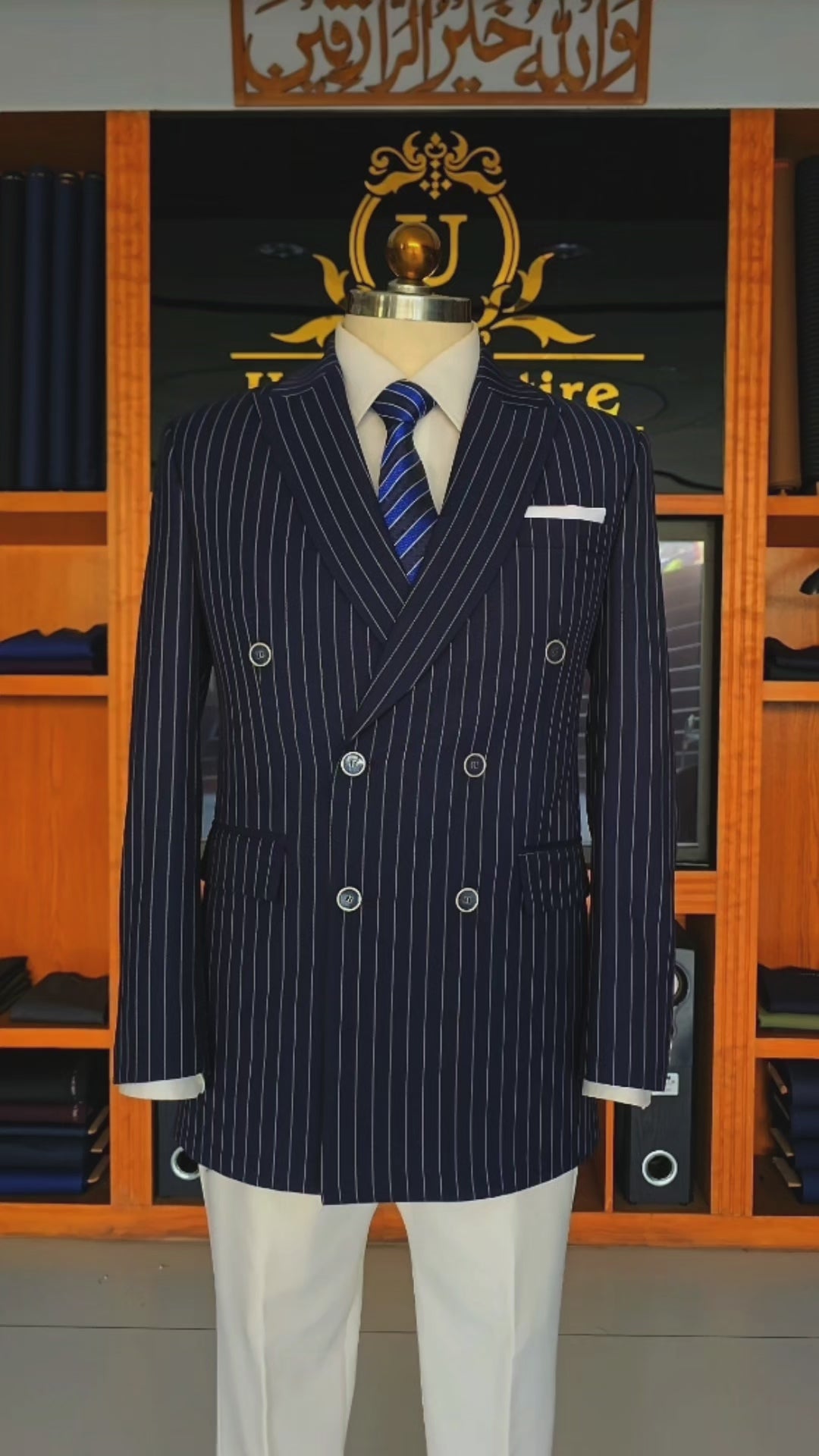 Uomo Attire Limited Edition Navy Blue Double-Breasted Pinstripe Suit | Premium Lanificio Italian Fabric Luxury Menswear