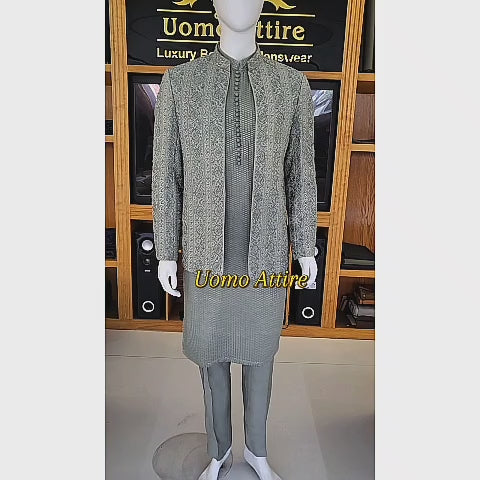 Luxury Ice Blue Embroidered and Embellishment Prince Coat & Kurta Pajama