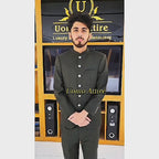 Men's Luxury Olive Green Bandhgala Prince Coat 2 Piece Suit