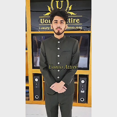 Men's Luxury Olive Green Bandhgala Prince Coat 2 Piece Suit