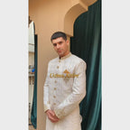 Luxurious Off-White Embroidered Sherwani for Groom with Hand-Embellishment