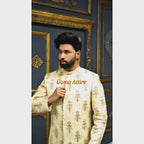 Golden Hand-Embroidered Groom Sherwani with Maroon Velvet Shawl