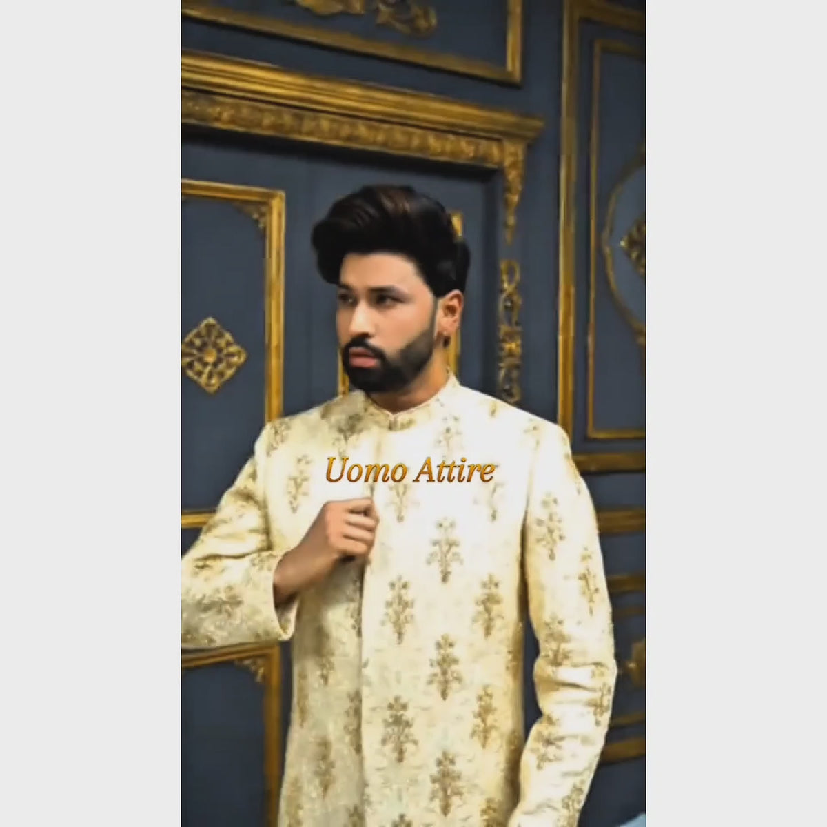 Golden Hand-Embroidered Groom Sherwani with Maroon Velvet Shawl