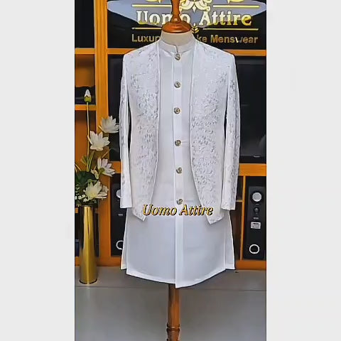 Men's Luxury Off-White Embroidered Prince Coat with Matching Kurta Pajama